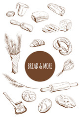 Bakery menu decoration in engraving style.Ears of wheat and different buns,french loaves,sliced baguette.Equipment for Bread cooking.Farmers market.Bundle of Pastry retro monochrome sketches.Vector
