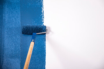 Raint roller with blue paint.