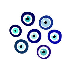 Nazar Boncugu amulet blue eye set. Turkish, Greece, arabian Talisman isolated on white background. Fatima Eye protection symbol. Magic flat round sign. Different Glass evil eye vector illustration