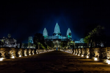 Angkor Archaeological Park, Siem Reap, Cambodia. Angkor Wat annual light show at night.