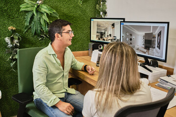 several workers share ideas in the workplace