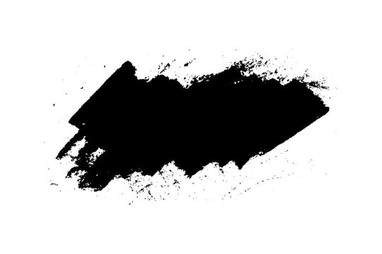 Black stain of paint brush with jagged edges isolated on white background. Hand drawn spot of paint, ink. Grunge dye splash. Copy space banner. Vector grain illustration for substrate, base, frame