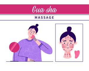 Gua Sha massage for skin. Woman uses rose quartz stone scraper for facial massage. Acupuncture anti-aging traditional chinese medicine self care method. Home beauty routine. Vector flat illustration.