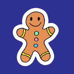 Cute gingerbread man for Christmas, doodle style positive illustration. Happy new year decoration, holiday print. Hand drawn vector illustration. Cartoon colorful design for children