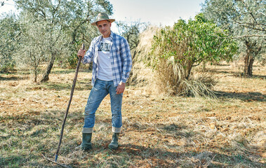 farmer works with his rake to clear his land