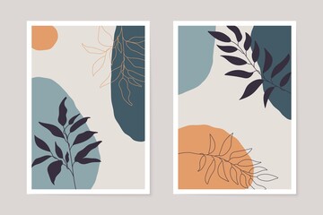 Abstract shapes botanical posters. Set of hand drawn foliage organic scribbles contemporary style for card, wrapping paper, vector art print