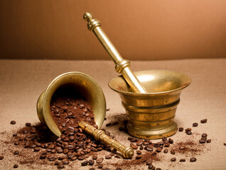 bronze mortar and pestle, with natural coffee beans and ground powder, on raffia cloth and brown...