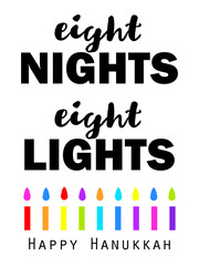  Jewish Holiday. Happy Hanukkah card design. Hanukkah candles. Vector illustration. Greeting card for Jewish holiday of Hanukkah. Candles for menorah