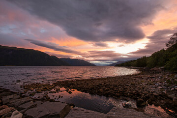 A colorful Norwegian sunset on the fjord