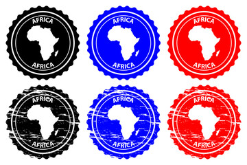 Africa - rubber stamp - vector, Africa continent map pattern - sticker - black, blue and red
