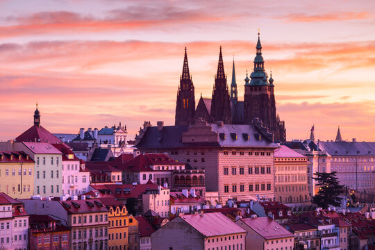 Sunrise view of Prague castle from Petrin Hill, Czech Republic.
