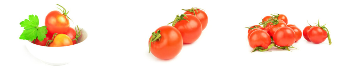 Collage of chery tomatoes isolated on a white background cutout