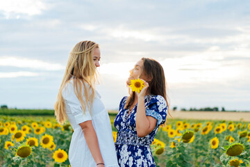 couple of attractive women one blonde and the other brunette posing in their designer dresses in a field of sunflowers