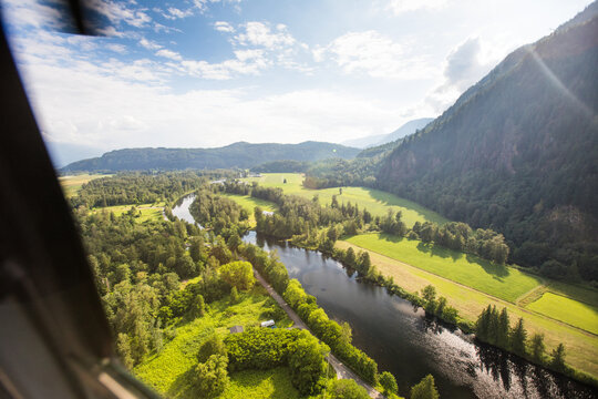 View of lush landscape and river near Mission, British Columbia.