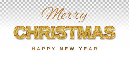 Merry Christmas and Happy New Year golden text with shining glitter on a transparent background in a golden frame. Template - congratulations. 3d realistic vector illustration