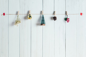 Christmas decor and pine tree hang on rope. Merry Christmas and happy new year concept.