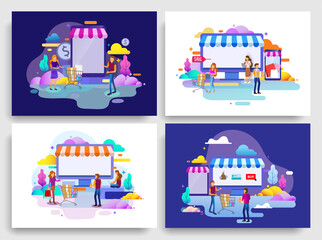 Set of Landing page design concept of online shop and e-commerce, business strategy and Shopping Online. Vector illustration concepts for website design ui/ux and mobile website development.