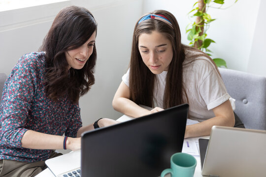 Female colleagues browsing data on laptop