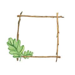 Square geometric frame with brown twig and oak green leaves isolated on white background. Watercolor hand drawing illustration. Perfect for print, card, poster, cover and decoration. Copy space.