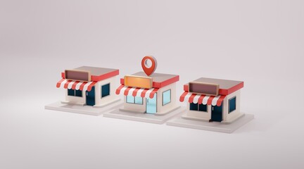 3D front store with blank store signage at night time. 3d rendering.