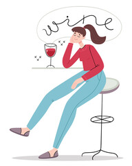 The girl thought about the bottle of wine.Wine Degustation.Funny print design, domestic home party.