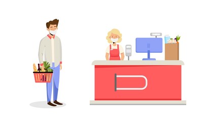 Female cashier desk in supermarket and male customer with basket and grocery food wearing mask. Vector illustration in flat style concept of virus prevention during covid-19