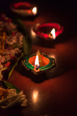 Close up of a diya or lamp with use of selective focus.