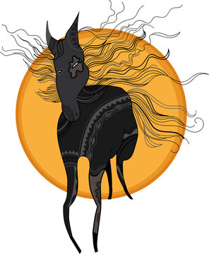 Stylized silhouette of a black horse on a background of the sun
