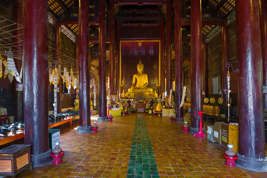 CHIANG MAY, THAILAND - DECEMBER 19, 2018: Interior of the ancient Buddhist wooden temple of Wat Pantao