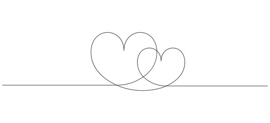 Continuous line drawing of love sign with two hearts embrace minimalism design. Big and small heart. Drawing by hand, black lines on a white background.