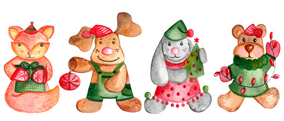 Fox, deer, bear, bunny in Christmas clothes, with a Christmas tree, garlands, gift watercolor illustration. For prints, postcards, calendars.