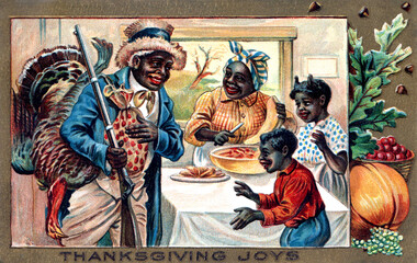 Black Americana family with fresh large turkey. Mom, Dad and children are happy. Joyful Thanksgiving Theme Postcard, restored artwork, color, details enhanced. Festive Autumn illustration