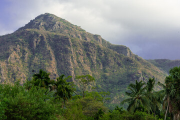 Mountain landscape, lake and mountain range and blue sky