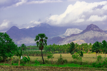 Mountain landscape, lake and mountain range and blue sky