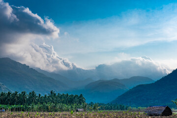 Mountain landscape, lake and mountain range and blue sky