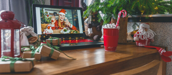 Christmas online holiday remote celebration X mas new year in lockdown coronavirus quarantine covid 19 new normal, social distance, remote communication, stay home vocation, Christmas party online