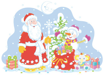 Santa Claus and a funny snowman with a snowy Christmas fir tree and a magic bag of holiday gifts for children, vector cartoon illustration isolated on a white background
