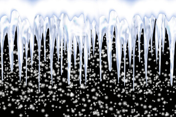 Set of snowy icicles and caps on winter background. Winter seasonal decorations. Falling white fluffy snow.Vector template in realistic style.
