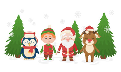Merry Christmas illustration with Santa Claus, Elf, Deer and Penguin. Christmas cartoon poster isolated on white. 