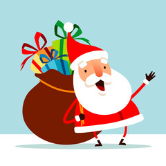Santa Claus carrying a bag with full of Christmas gift box presents. Flat vector concept illustration.