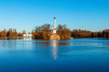 Chesme Column in the Grand pond of the Catherine park. Tsarskoe Selo, Pushkin, St. Petersburg,...
