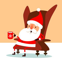 Santa Claus sitting on his armchair with a cup of drink. Flat vector concept illustration.