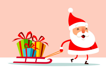 Santa Claus pulling a sled with Christmas gift box presents. Flat vector concept illustration.