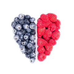heart made of raspberries and blueberr