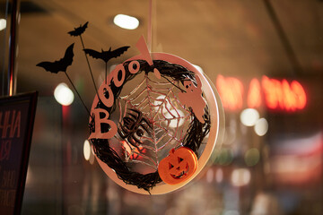 Halloween decorations. Decorated space in spiders, cobwebs and other elements for Halloween.