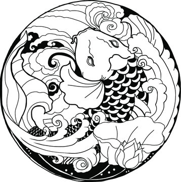 Illustration art in circle. The Japanese art and design to cd-rom or circle cover.Snake, Phoenix, Koi fish and hanya demon's mask design for tattoo.