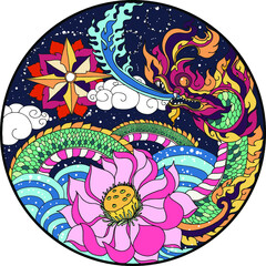 Illustration art in circle. The Japanese art and design to cd-rom or circle cover.Snake, Phoenix, Koi fish and hanya demon's mask design for tattoo.