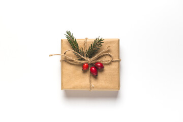 Christmas composition. Frame made of christmas gifts, pine branches, on white background. Flat lay, top view