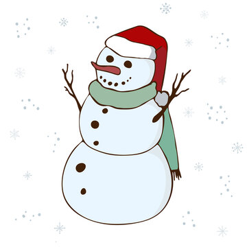 Vector illustration of a cute snowman hand drawn isolated on white background. Winter season, snowfall