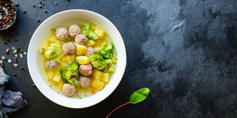 soup meatballs broccoli vegetables broth first course meat chicken or turkey serving healthy meal top view copy space for text food background rustic keto or paleo diet